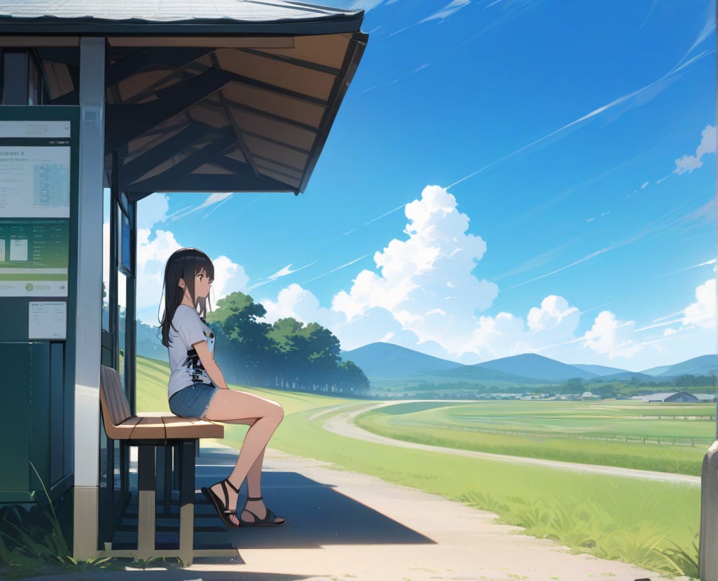 Masterpiece, Top Quality, High Definition, Artistic Composition,1 girl, sitting, looking away, printed T-shirt, denim mini skirt, sandals, Japanese countryside, bus stop, blue sky, incoming clouds, summer, wide shot