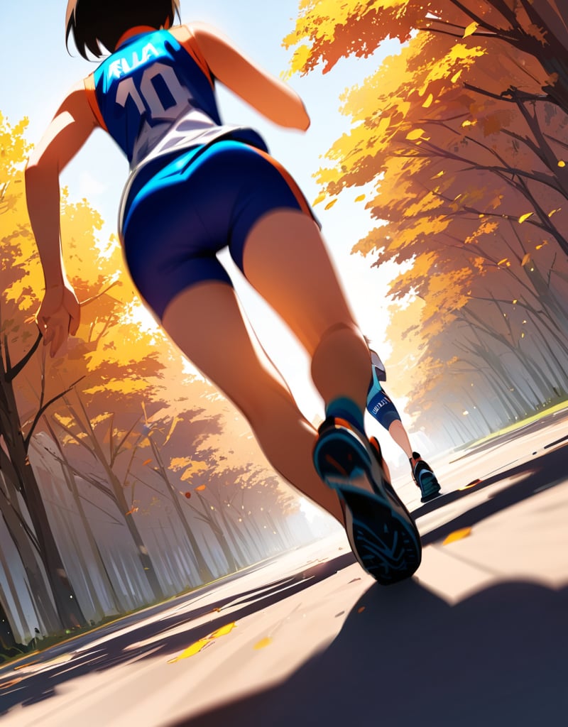 (Masterpiece, Top Quality), High Definition, Artistic Composition, 1 woman, marathon uniform, running shoes, running a marathon, running, short hair, looking away, tree-lined street, fall, from below, emphasis on feet, bold composition, sense of speed, Dutch angle, motion blur, lively, perspective, from front