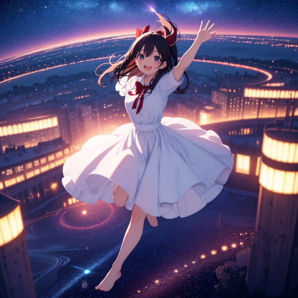 Masterpiece, Top Quality, 1 girl, flying, open mouth smiling, magic circle, white dress, hands out, bare feet, beautiful nature, retro cityscape, fisheye lens, high definition, artistic composition, composition from above, back down, action pose, big red ribbon, blurred distant view, motion blur, dancing white light, cowboy shot, focus on feet,<lora:659111690174031528:1.0>