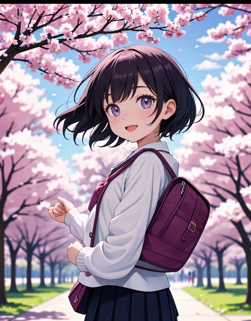  Masterpiece, top quality, high quality, artistic composition, 1 girl, elementary school student, school bag, schoolbag, energetic, handbag, lively, smiling with mouth open, running at full speed, cherry blossom tree, cherry blossoms in full bloom, petals dancing, looking away, nice weather, warm light, portrait, bold composition, 8 years old, from above, looking away, child,<lora:659111690174031528:1.0>