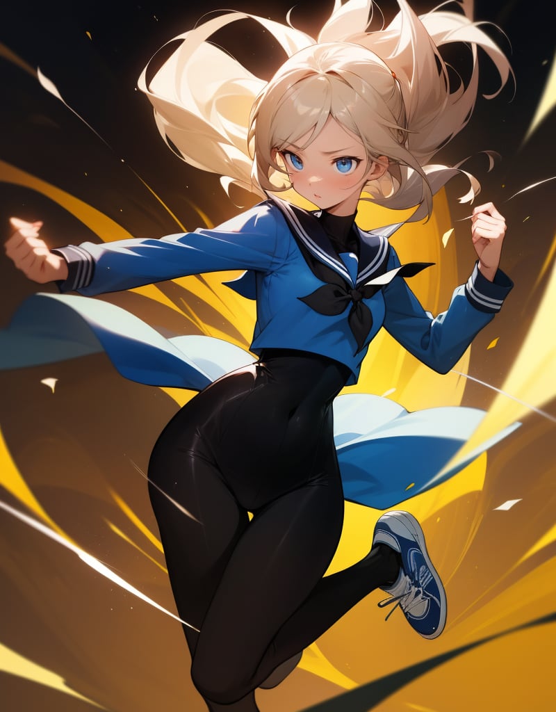 (Masterpiece, Top Quality), High Definition, Artistic Composition, 1 girl, spinning, jumping, action pose, twisting, brave, hair dancing in wind, sailor uniform, school uniform, big catsuit, lively, dark background, blurred background, black pantyhose, blue sneakers, kick