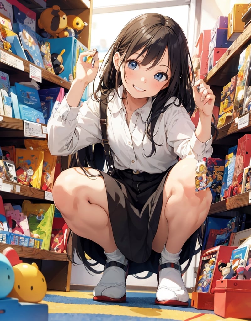  Masterpiece, Top Quality, High Definition, Artistic Composition, 1 girl, smiling, smiling with mouth open, toy store, squatting, shelf with toys, hands in front, childish adult, happy, Japan, wide angle