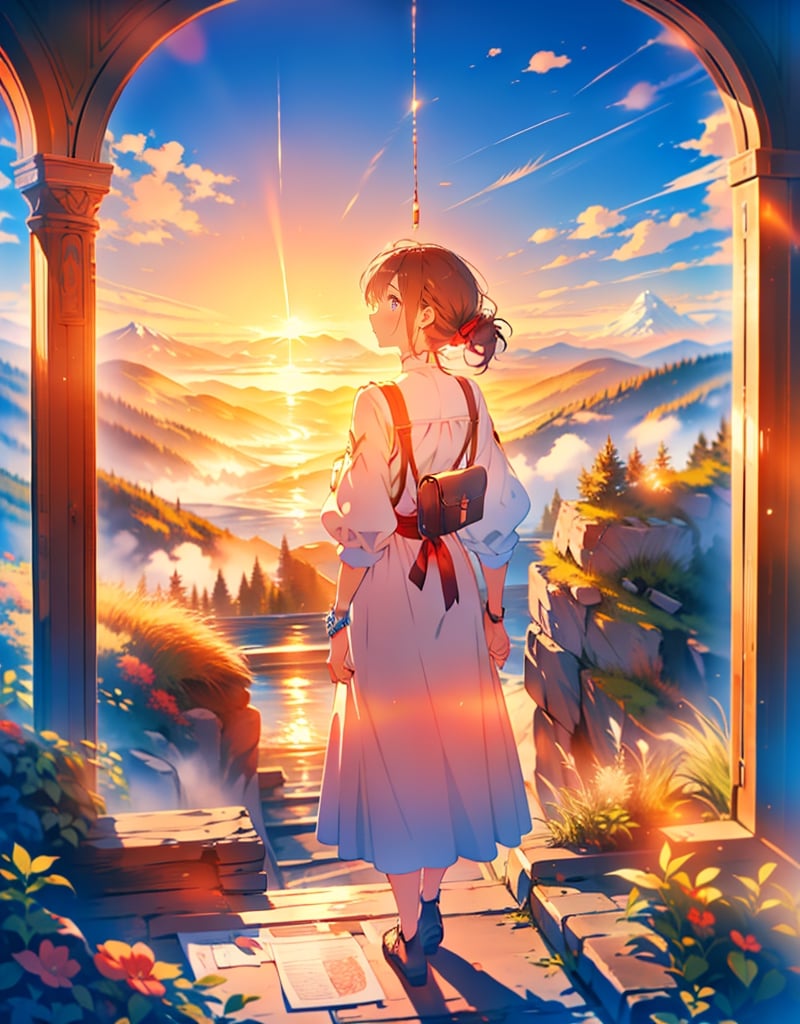 Masterpiece, top quality, high definition, artistic composition, animation, one woman, starting out on a journey, map in hand, majestic nature, beautiful sunrise, morning mist, brave, motivated, bold composition, traveling outfit, back view, long road ahead,breakdomain
