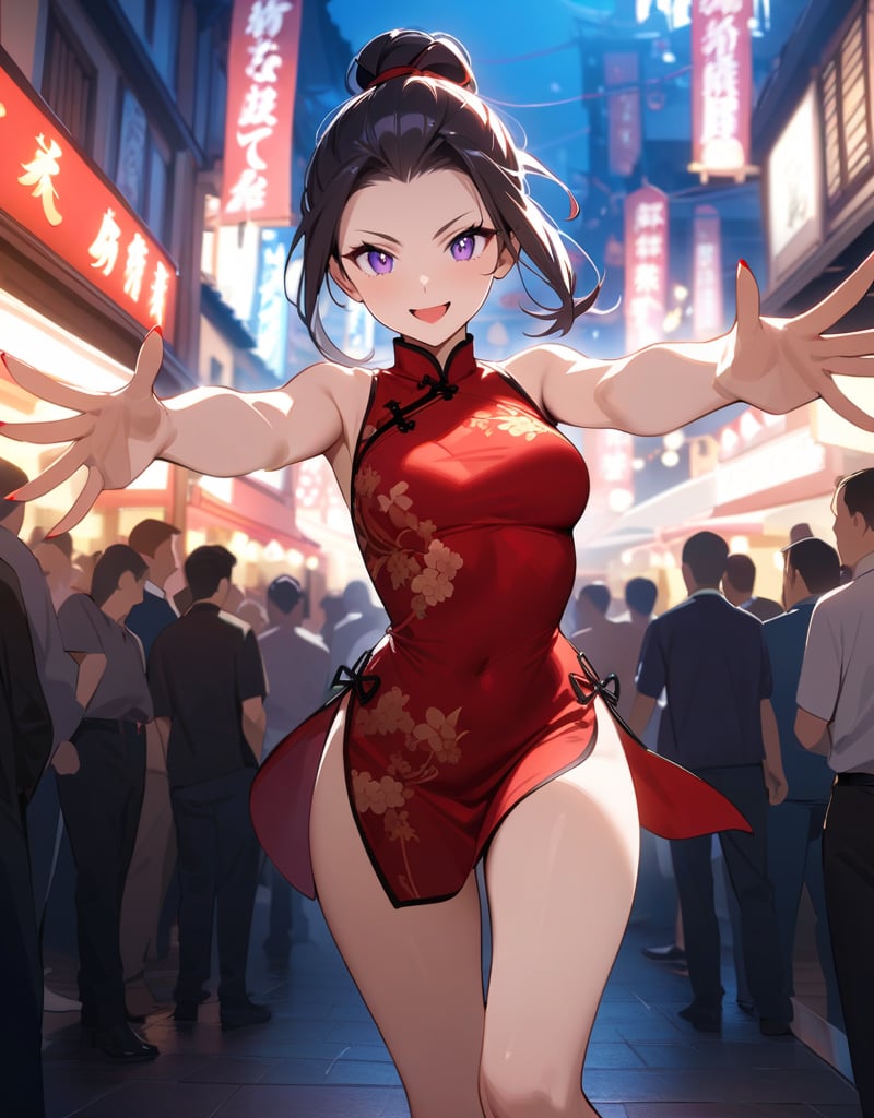 (Masterpiece, Top Quality), High Definition, Artistic Composition, 1 girl, sexy red china dress, long hair, hair tied back, action pose, smiling, sharp eyes, emphasis on legs, provocative, Chinatown at night, crowd, blurred background, lively, red lipstick, purple eye shadow, black spat, hands Reaching out, Come and get it!