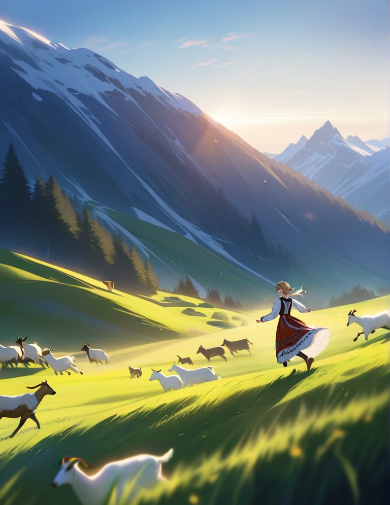 Masterpiece, Top Quality, High Definition, Artistic Composition,1 girl, Swiss mountain pasture, Swiss national dress, Tracht, Appenzell, smiling, running with goats, beautiful nature, mountain slope, vigor, lively, motion blur, wide shot, bold composition, striking light