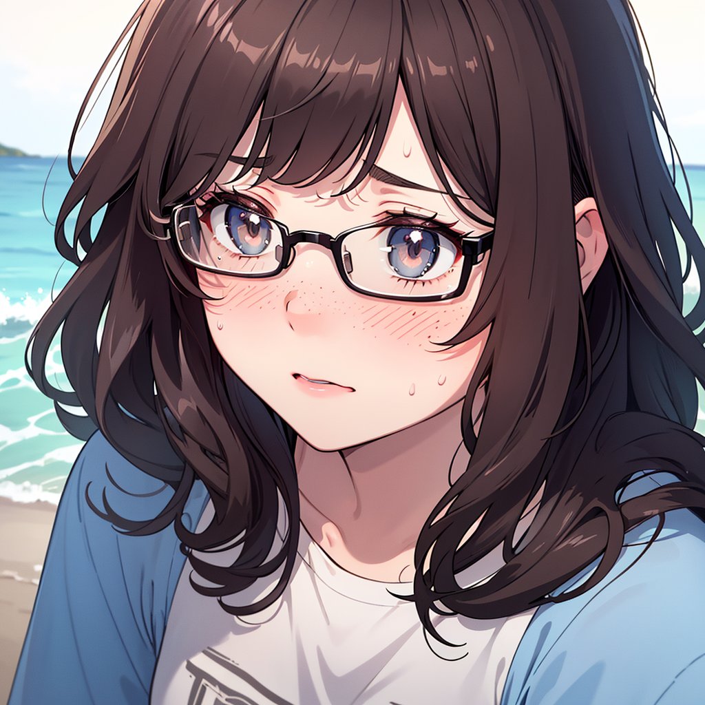 (masterpiece, top quality), high definition, artistic composition, 1 girl, nose blush, from above, POW, panicked, embarrassed, glasses, freckles, dark hair, long bob, messy hair, sweat, (waves hands in front of face), somber casual fashion, park, dramatic, Dutch angle