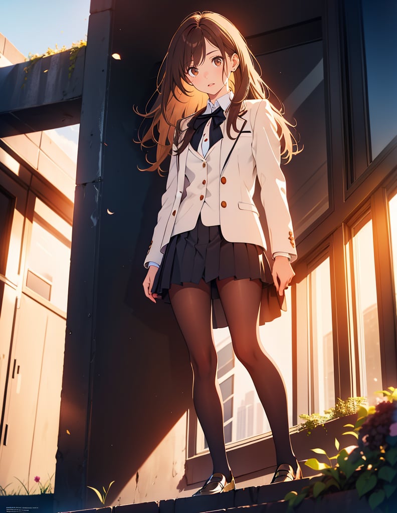 Masterpiece, Top Quality, High Definition, Artistic Composition,1 girl, brown hair, from below, standing on a hill, backlit, striking light, white blazer, school uniform, on her way to school, looking at me, black hair, long hair - standing tall, young lady, black ribbon, portrait, bold composition, Full body, Loafers