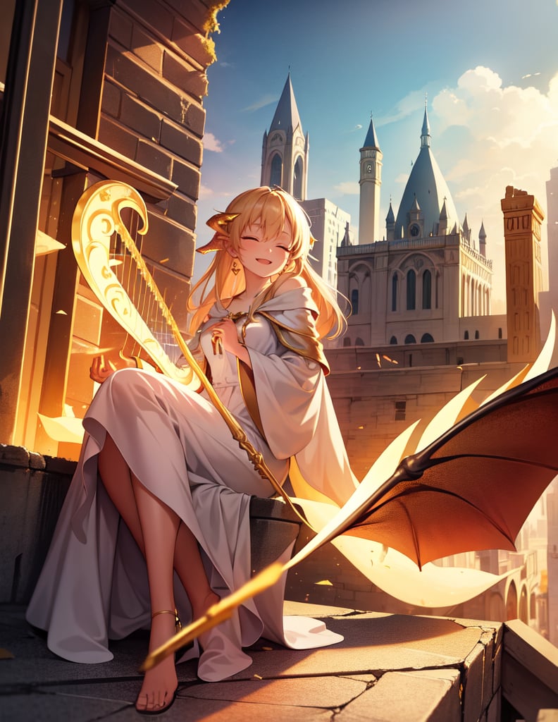 Masterpiece, Top Quality, High Definition, Artistic Composition,1 girl, wizard, beige robe, playing harp with eyes closed, ruins, brick building, sitting on broken building, fantasy, smiling, striking, dramatic, dragon flying in sky, bold composition