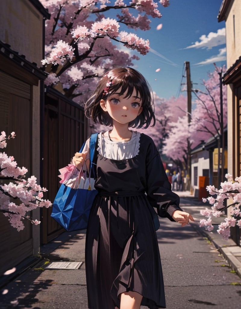  Masterpiece, top quality, high quality, artistic composition, one woman, housewife, carrying shopping bag, casual fashion, standing, front view, downtown shopping street, cherry blossom tree, cherry blossoms in bloom, petals dancing, nice weather, portrait,<lora:659111690174031528:1.0>
