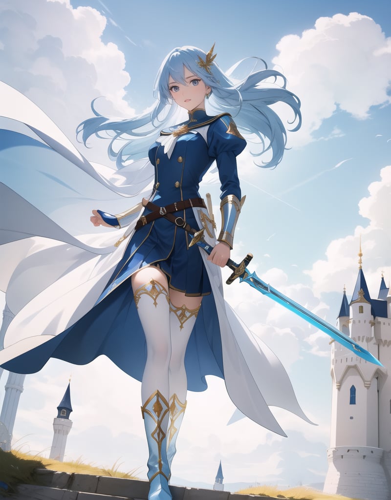 Masterpiece, Top Quality, High Definition, Artistic Composition,1 girl, blue sailor-like battle dress, stylish sword at the ready, wind blowing, clear sky, long light blue hair, gold hair ornament, warrior, fantasy, white tights, long white boots, old castle, bold composition