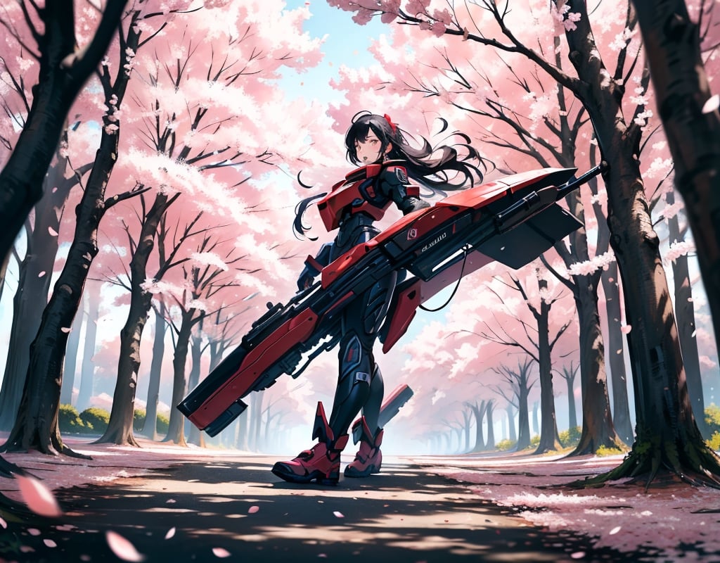 Masterpiece, top quality, machine, outdoors, forest of cherry trees underfoot, cherry blossoms in full bloom, dark colored mobile suit, dynamic pose, 18 meters, explosion in background, artistic oil painting sticks, battle, petals dancing,girl,photograph