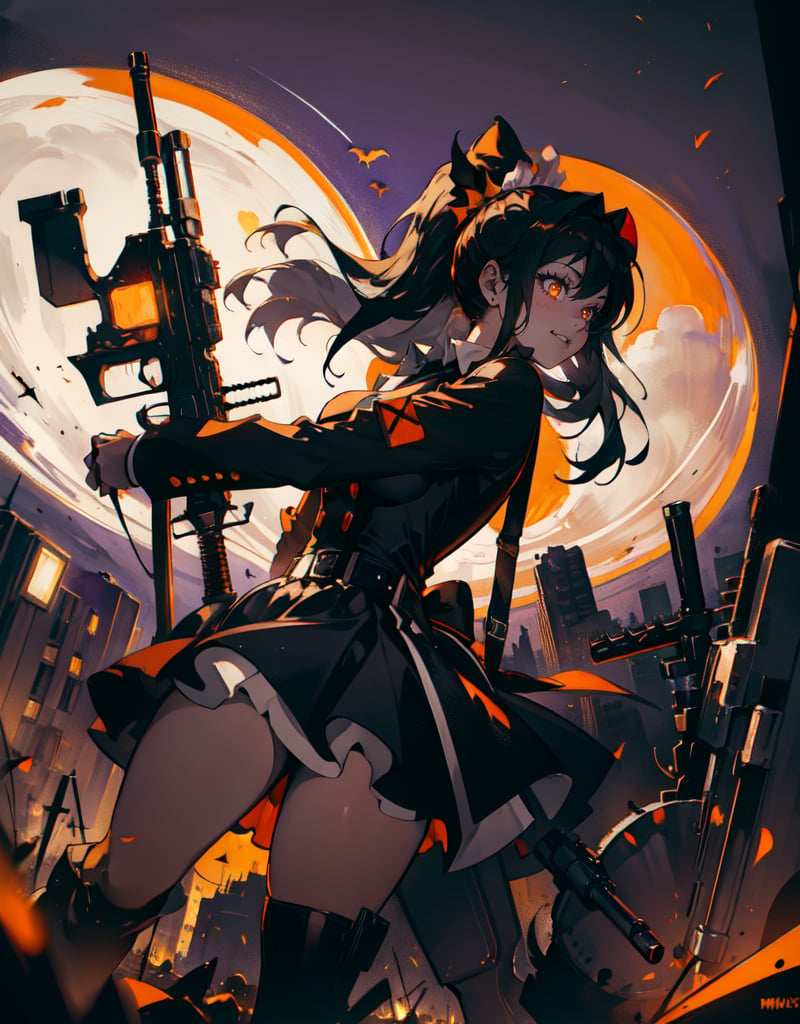 (masterpiece, top quality), high definition, artistic composition, 1 girl, maid cosplay, Halloween, night, city, smirking, heavy weapon, aiming with gun, firing, action pose, looking away, dynamic, powerful, In combat, Dutch angle, High contrast, Suspense