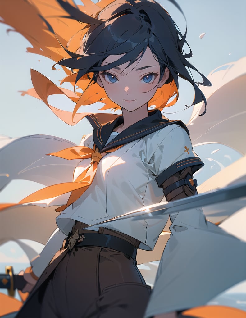 (Masterpiece, Top Quality), High Definition, Artistic Composition, 1 girl, smiling, orange sailor suit, fantasy light armor, cool sword, looking away, composition from below, indigo hair, staring into distance, wind blowing, animation