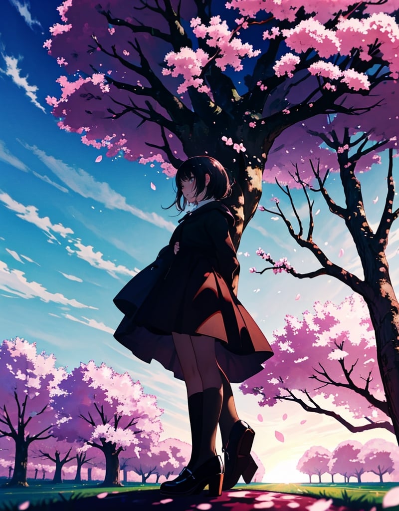  Masterpiece, top quality, high quality, artistic composition, one girl, big cherry tree, standing under tree, hand on tree, impressive, cherry blossoms in full bloom, petals dancing, beautiful nature, wide shot,<lora:659111690174031528:1.0>
