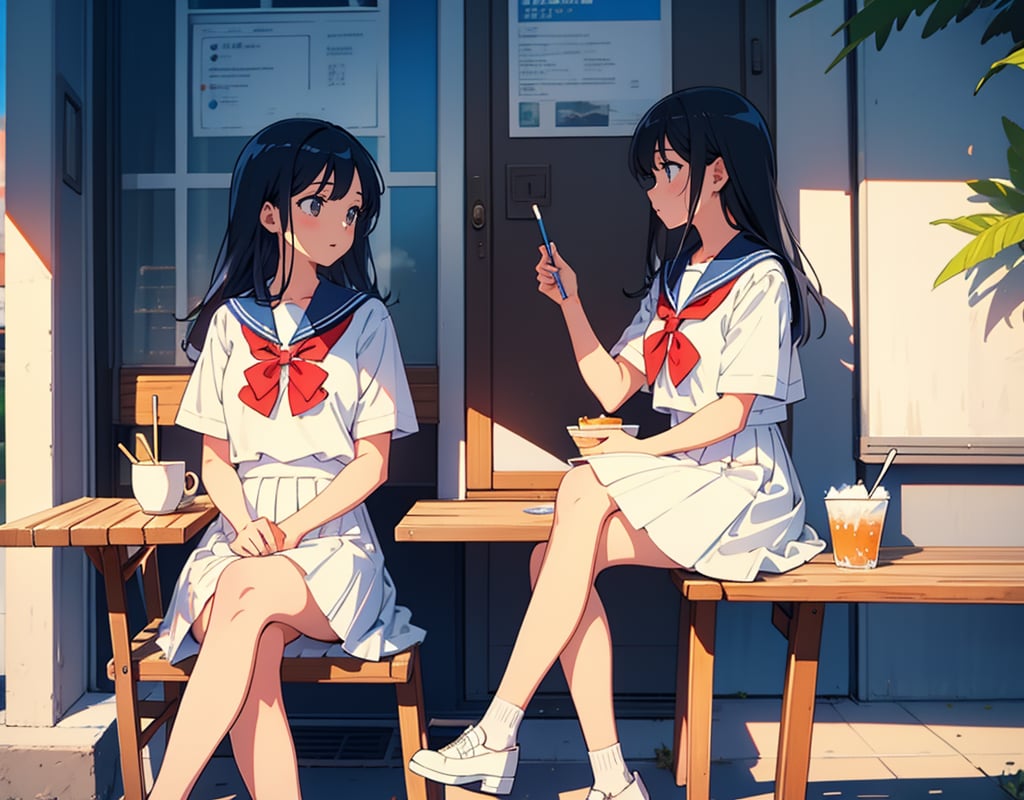 (masterpiece, top quality), high definition, artistic composition, two girls, open cafe, sitting opposite each other, shaved ice, spoon in hand, talking, looking away, sailor suit, school uniform, summer dress, crossing legs, feminine gesture, side view, portrait, summer, hot, excited