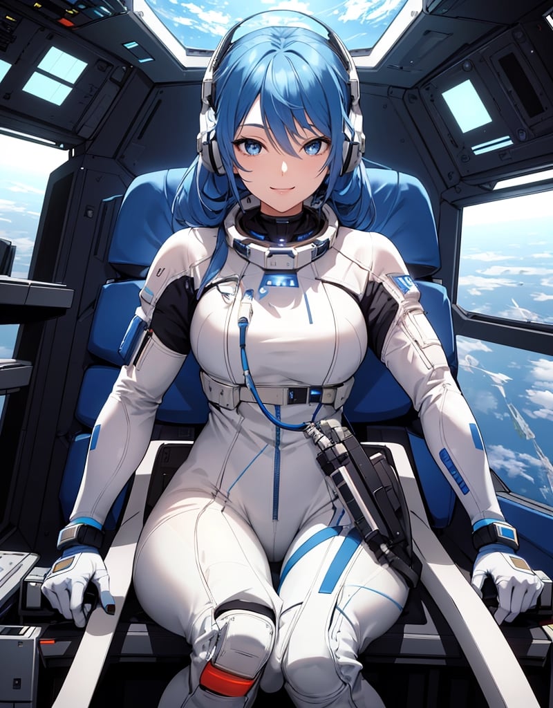  Masterpiece, Top Quality, High Definition, Artistic Composition, 1 girl, smiling, tight white space suit, outer space, sitting in narrow cockpit of spaceship, front view, crammed with machinery, futuristic, organic headset, science fiction, blue hair, blue eyes, communicating
