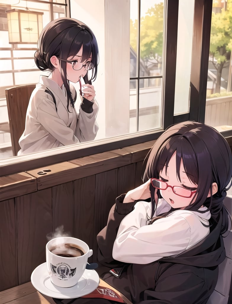 Masterpiece, top quality, 1 girl, big round glasses, dark rimmed glasses, long shaggy hair, hair tied back, coffee shop, sleeping with eyes closed, Japan, sloppy sweats, window seat, high definition, yawning, artistic composition