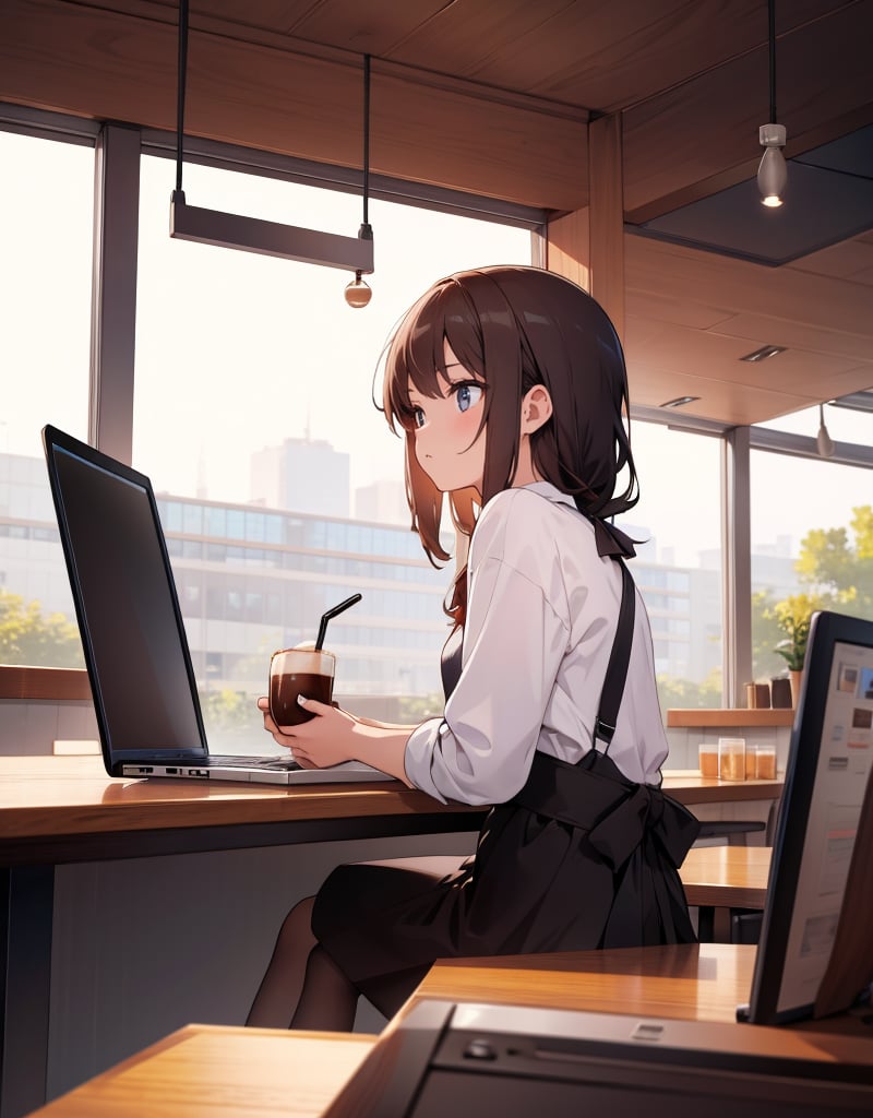 (masterpiece, top quality), high definition, artistic composition, one girl, coffee shop, drinking coffee in a cup at a table, looking away, operating a laptop, at work, concentrating, cutter shirt,