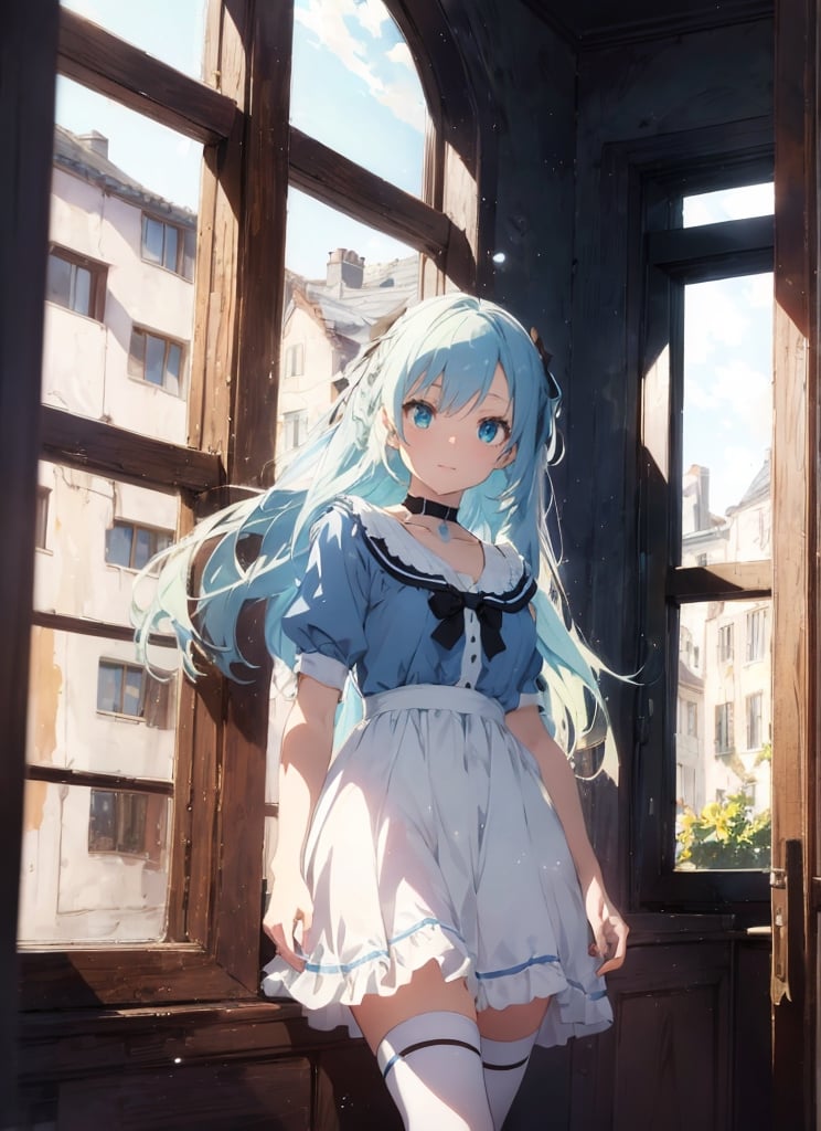 Masterpiece, Top Quality, 1 girl, white and blue dress, short skirt, white stockings, anime style fantasy, black and gold choker, red ribbon, light green hair, long hair, blue eyes, fair skin, fantasy, big window, standing by window, hands together in front of body, light makes clothes transparent, green outside, blue sky, high definition, artistic angle, backlight, sexy