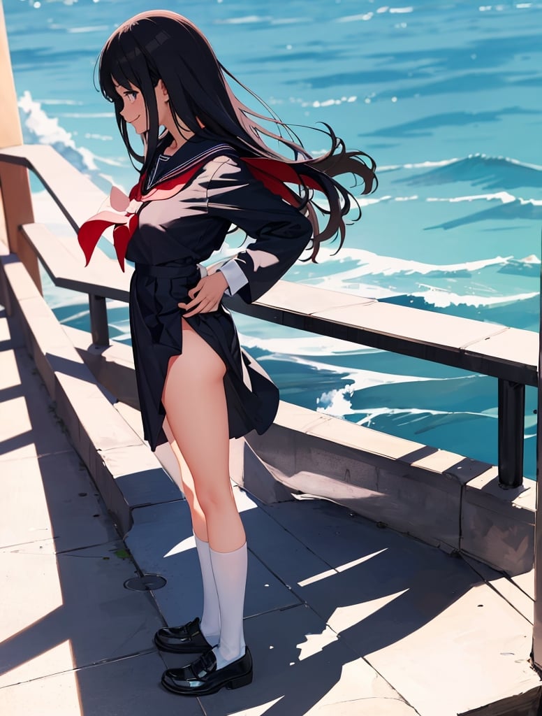 Masterpiece, Top Quality, 1 girl, black sailor suit, school uniform, school uniform, school, standing with legs spread, smiling, holding out hand towards me, high definition, from below, Japan, summer dress, one piece, striking light, from side, full body, portrait