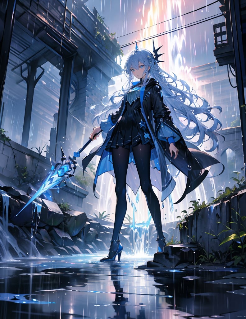 (Masterpiece, Top Quality), High Definition, Artistic Composition, 1 Woman, Blue Wizard, Slender Costume, Cool Magic Wand, Glowing, Serious Face, Standing on Feet, Standing on Toes, Ruined Building District, Water Gushing Out, Water Drops and Light Dancing, Manipulating Water, In Battle, Heavy Rain, Water Smoke, Water Dragon