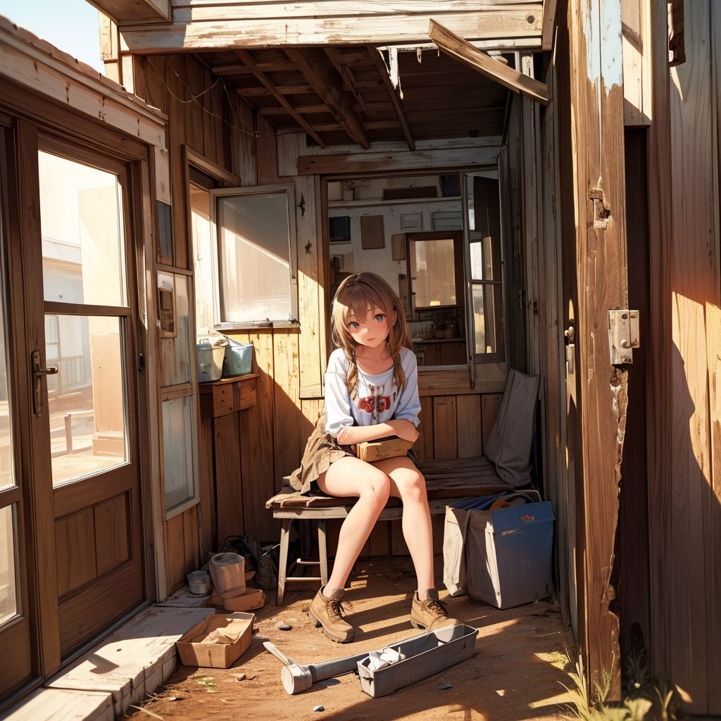 Masterpiece, top quality, high definition, artistic composition, 1 girl, country girl, small house on prairie, western home, front porch, sitting girl, rusted, battered and decayed humanoid robot, retro-future


