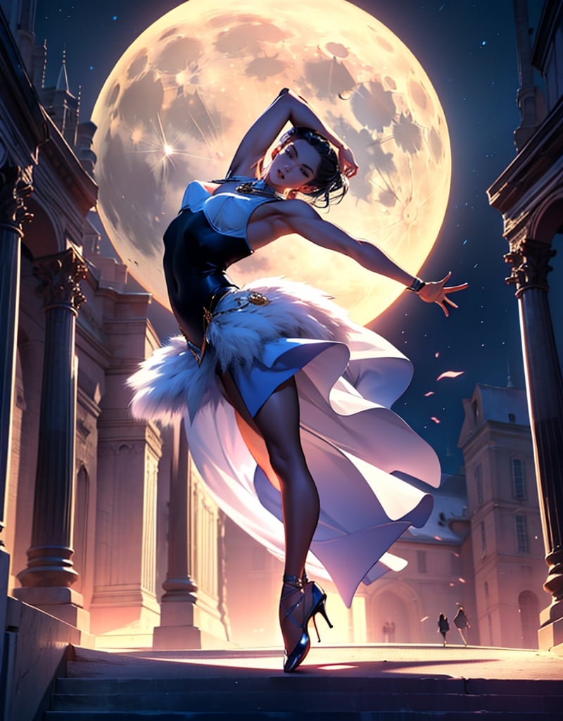 masterpiece, top quality, high definition, artistic composition, animation, France, one woman, dancing ballet, outdoor stage, big moon, spotlight, action pose, dynamic composition, striking light