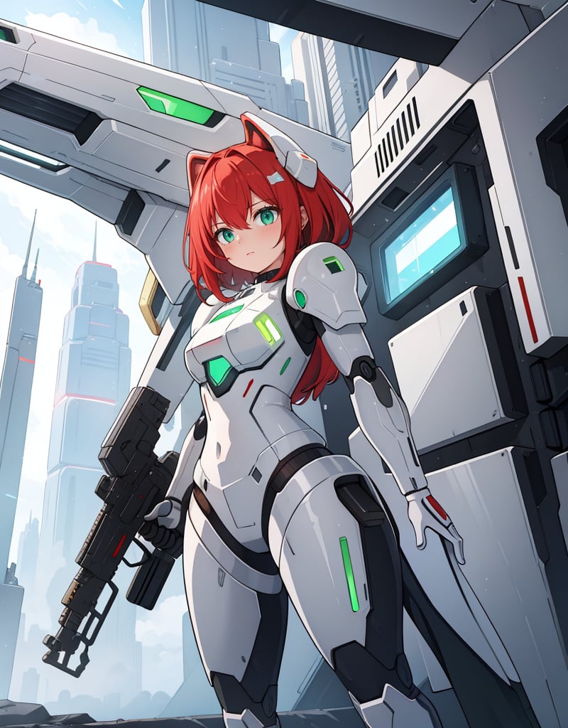 (masterpiece, top quality), high definition, artistic composition, 1 girl, anime, android style battle suit, white and red armor, green luminescence on body, holding future heavy weapons with both hands, futuristic, sci-fi, action pose, Turning sideways, spaceship dog, holographic monitor
