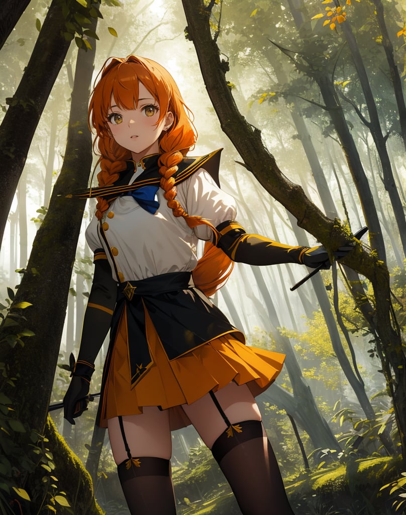 (masterpiece, top quality), high definition, artistic composition, 1 woman, yellow sailor-like battle dress, warrior, holding large stylish bow, woods, striking light, sunlight filtering through trees, high contrast, bold composition, orange hair, long braids, fantasy, stalking prey, ruins, black stockings