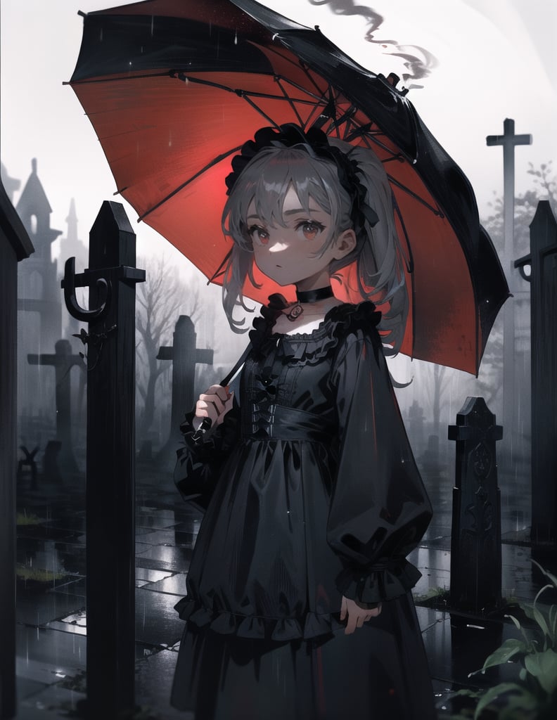 Masterpiece, Top Quality, High Definition, Artistic Composition,1 girl, umbrella, standing, gothic lolita, dark face, raining, smoking in the rain, dark graveyard, striking, from front, wide shot, eerie atmosphere, red choker, dark sky,girl