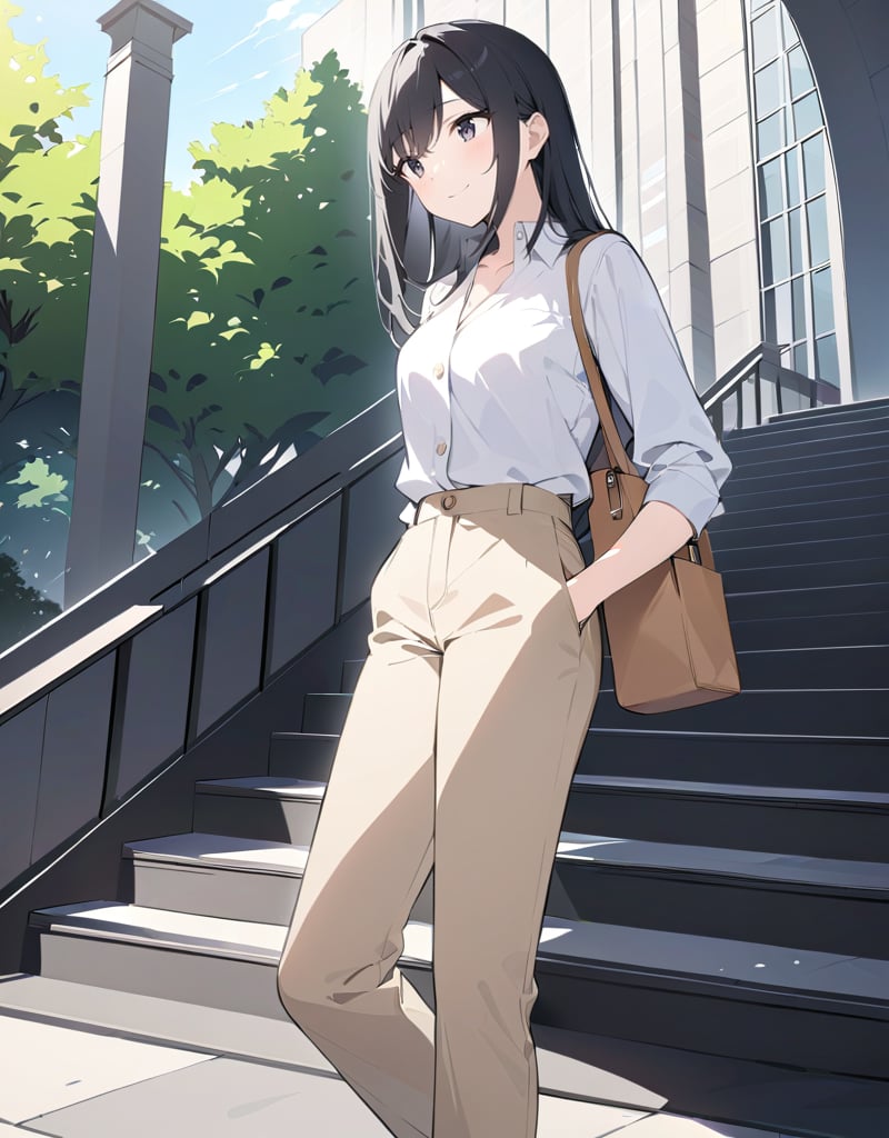 (masterpiece, top quality), high definition, artistic composition, 1 woman, college student, long black hair, college campus, college campus, white shirt, beige pants, descending stairs, talking, looking away, smiling, second bag, papers under arm, bright sunlight, large steps, outdoors, street trees, Stylish, large gestures