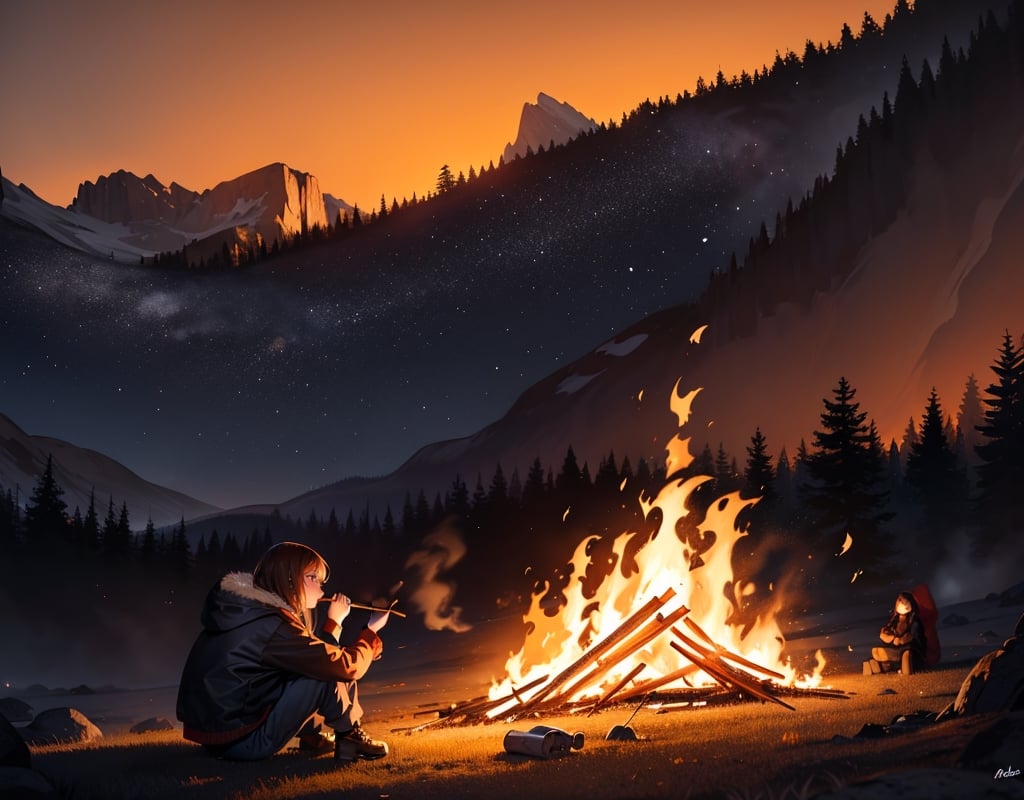 Masterpiece, top quality, high definition, artistic composition, realistic, (one bonfire, small bonfire), girls around bonfire, fun, starry sky, magnificent nature, camping,girl