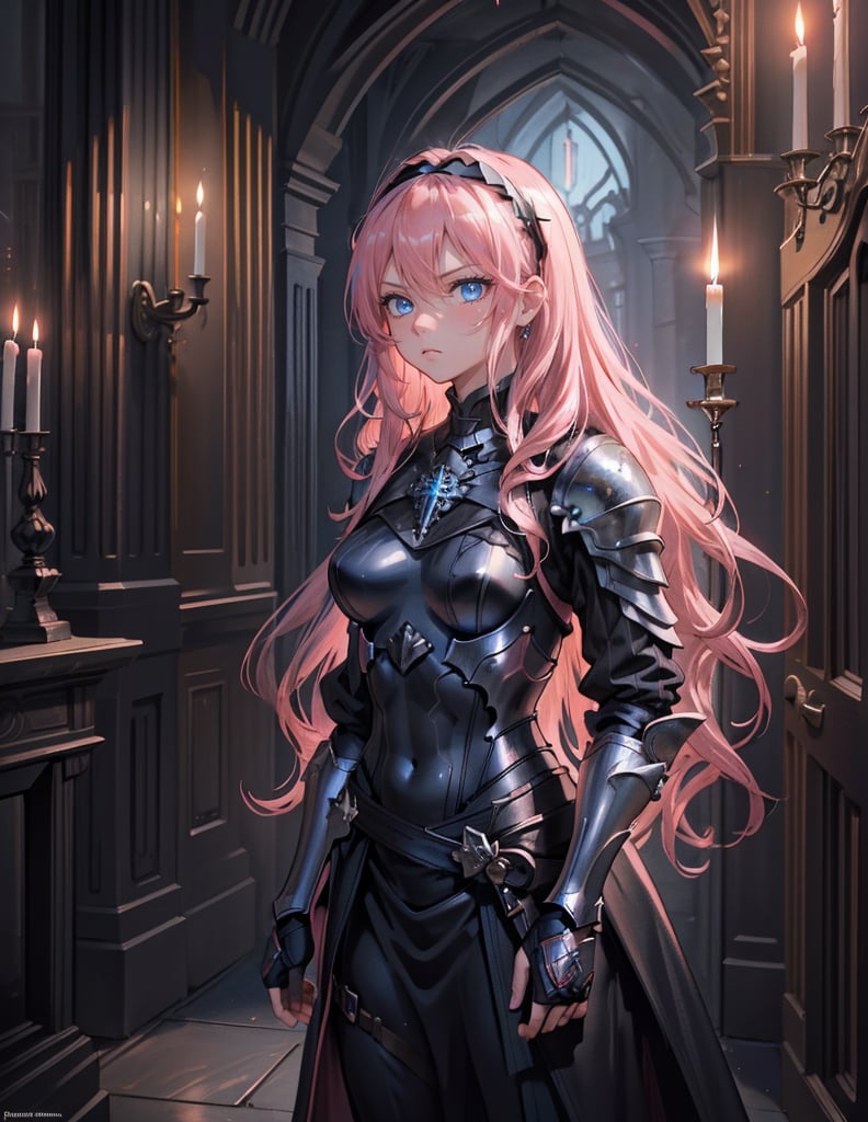 (masterpiece, top quality), high definition, artistic composition, 1 girl, pink wavy hair, hair band, slender jet black armor, blue eyes, from front, standing tall, sword in both hands, chin drawn, glaring, dungeon, dark, candle light, perspective, fantasy, mature