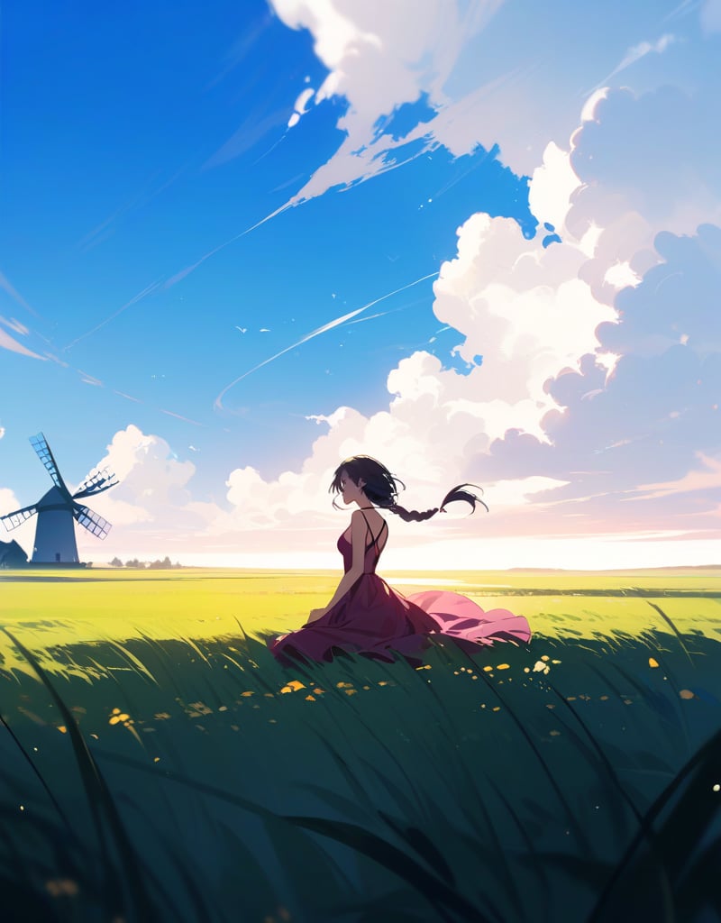 Masterpiece, Best Quality, High Definition, Artistic Composition,1 girl, meadow, sitting sideways, yokozuwari, magenta dress, braids, looking away, wind blowing, giant windmill, blue sky, white clouds, wide shot