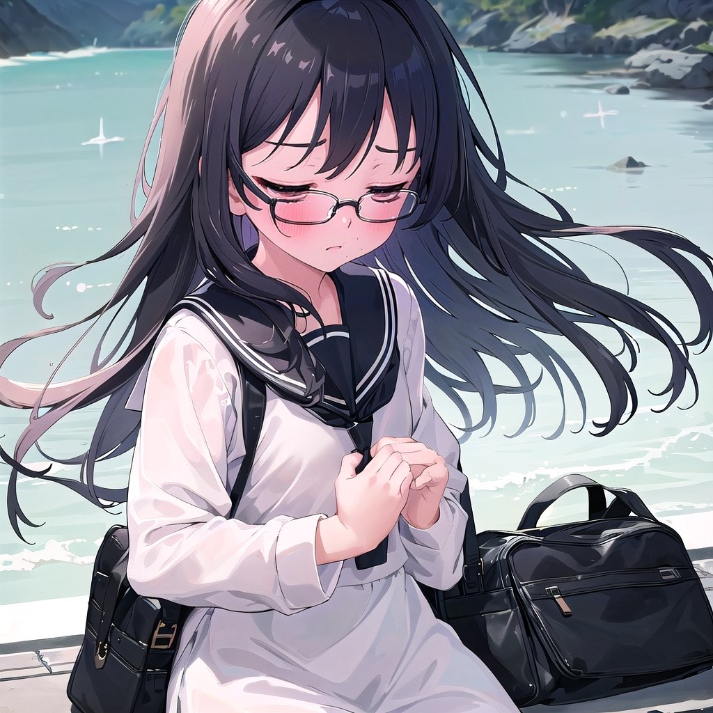 Masterpiece, Top quality, One Woman, Cinematic lighting, Flat chest, Tired expression, Blushing, Fidgeting, Hands folded in front of body, Looking down, Black rimmed glasses, Shiny hair, White sailor suit, Summer dress, School uniform, Top composition, Face close-up, High definition, Japan, Schoolbag, Black schoolbag