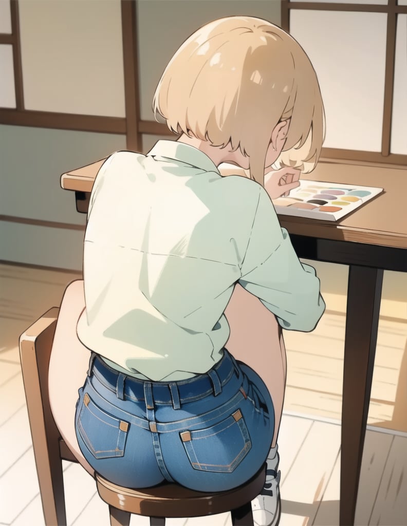 Masterpiece, Top Quality, High Definition, Artistic Composition,1 girl, short hair, drawing manga at study desk, back view, Japanese housing, jeans, trainers, watercolor style, pastel tones, from behind, looking away, back, sitting on wooden chair, chestnut hair, face not visible