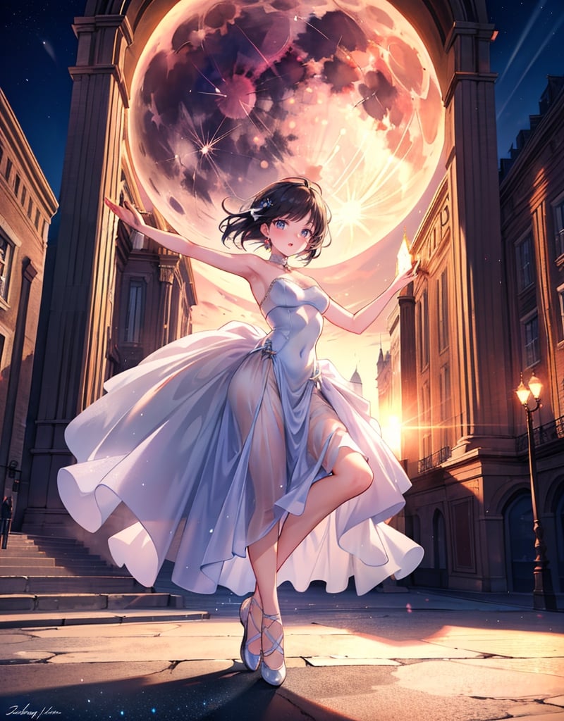 masterpiece, top quality, high definition, artistic composition, animation, France, one woman, dancing ballet, outdoor stage, big moon, spotlight, action pose, dynamic composition, striking light