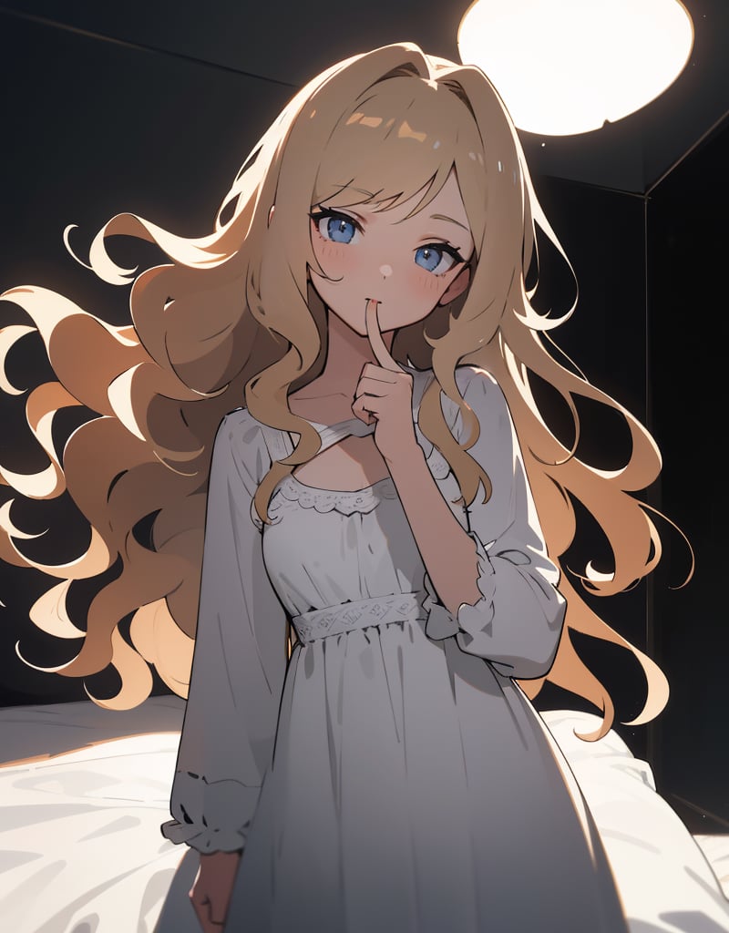 Masterpiece, Top Quality, High Definition, Artistic Composition, One Girl, Bust Shot, Squinting, Chuckling, (index finger in front of mouth), Dark Room, Bedroom, Backlight, Impressive Light, Simple Dress, Long Wavy Hair, POW, Frontal Composition, Looking Up