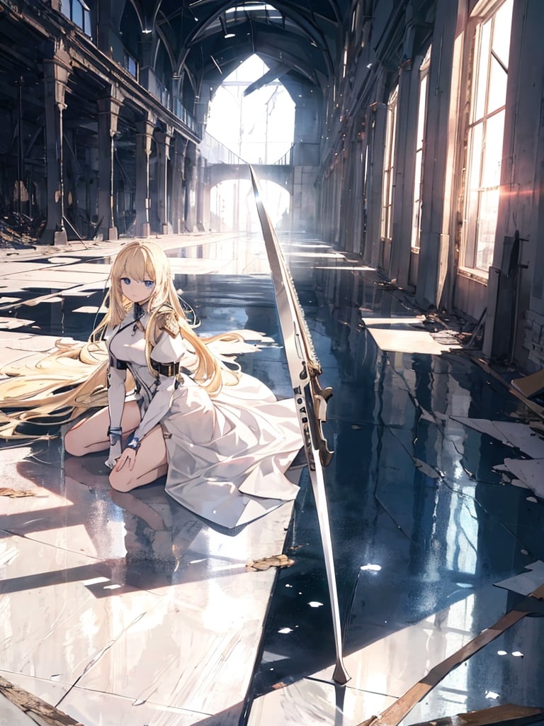 masterpiece, top quality, 1 girl, white battle dress, blonde hair, blue eyes, holding a weapon, inside a huge devastated factory , nothing on the floor, water on the floor, high definition, photo-like background, science fiction