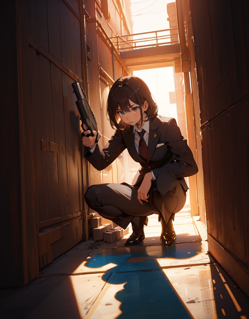 (masterpiece, top quality), high definition, artistic composition, 1 woman, business suit, brown pantyhose, surprised, crouching, building shadow, hold a pistol and take aim, looking away, hiding, suspense, Dutch angle, lower posture