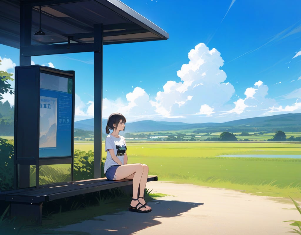 Masterpiece, Top Quality, High Definition, Artistic Composition,1 girl, sitting, looking away, printed T-shirt, denim mini skirt, sandals, Japanese countryside, bus stop, blue sky, incoming clouds, summer, wide shot,breakdomain