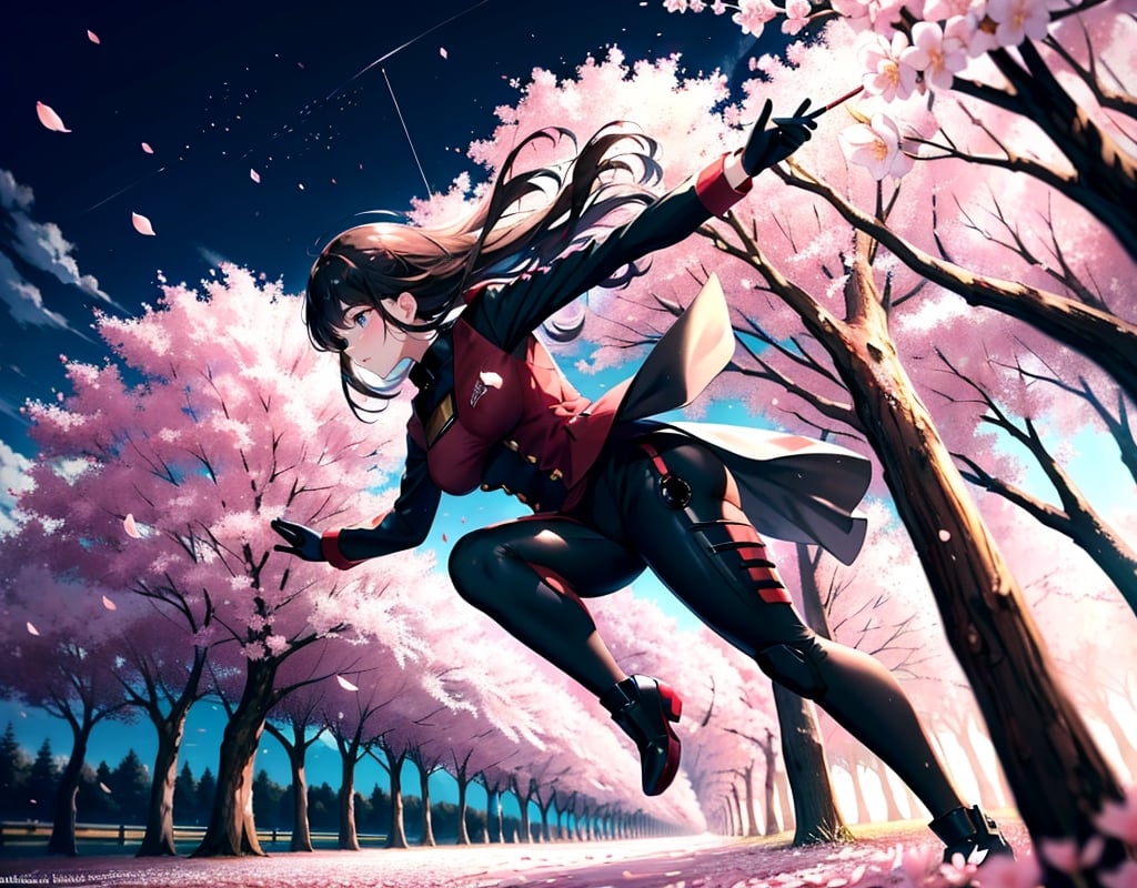 Masterpiece, top quality, machine, outdoors, forest of cherry trees underfoot, cherry blossoms in full bloom, dark colored mobile suit, dynamic pose, 18 meters, explosion in background, artistic oil painting sticks, battle, petals dancing,girl,photograph