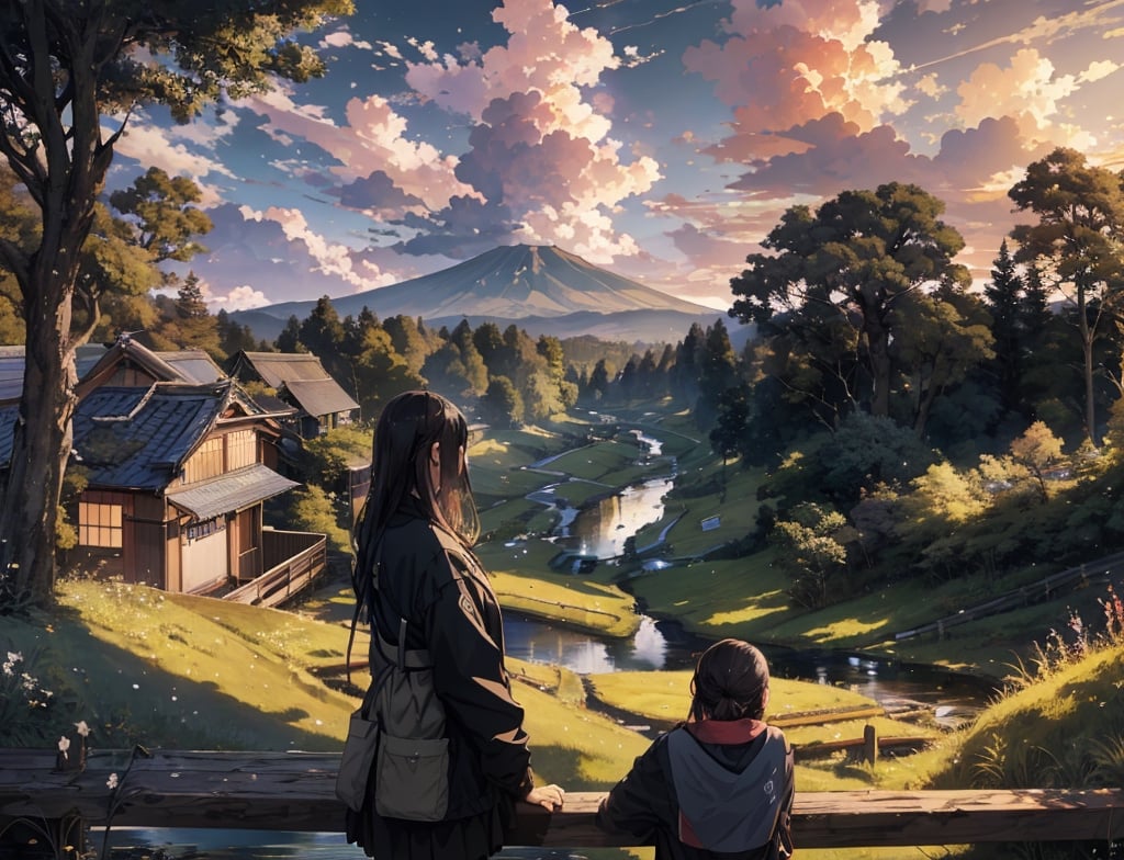 Masterpiece, Top quality, 2 girls, side by side, one sitting, spring jacket, back view, overlooking Japanese countryside, stream in distance, one large tree standing, dusk, striking sky color, looking away, high definition, emotional, large clouds, wide sky, railroad tracks visible