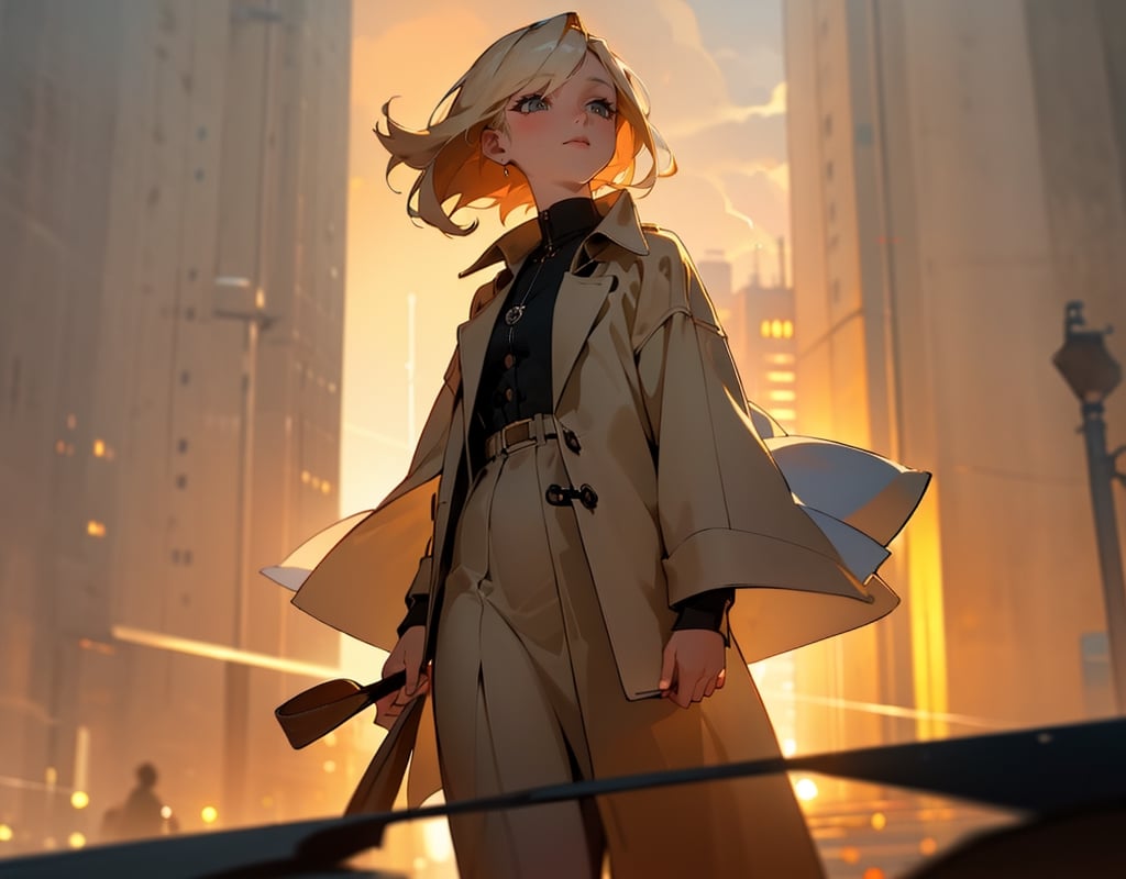 Masterpiece, top quality, high definition, artistic composition, 1 woman, walking, casual, beige coat, urban style, hands behind back, handbag, (looking up), (smiling), sad, saying goodbye, May Storm, night town, dramatic, side composition, cowboy shot, Dutch angle, backlighting, background blur