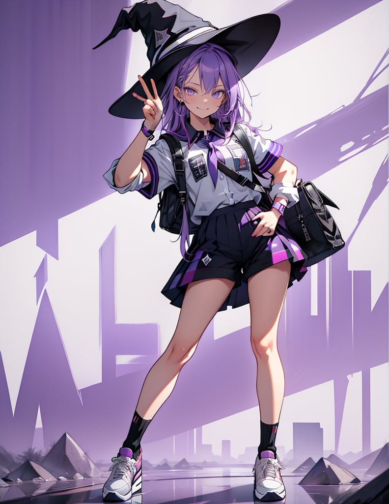 Masterpiece, Top Quality, High Definition, Artistic Composition,1 girl, wizard hat, smug face, printed shirt, standing tall, shorts, striped two-socks, sneakers, standing with legs spread, right hand on hip, left hand making peace sign, Schoolbag, meeting, purple sky, eerie background, from front, fantasy