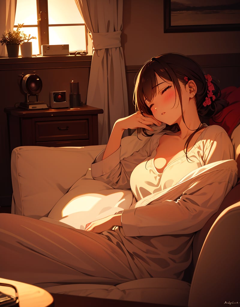 Masterpiece, Top Quality, High Definition, Artistic Composition,1 girl, living room, sleeping with face on table, retro radio on table, sleeping with eyes closed, warm light, loungewear, hair tied back, pleasant