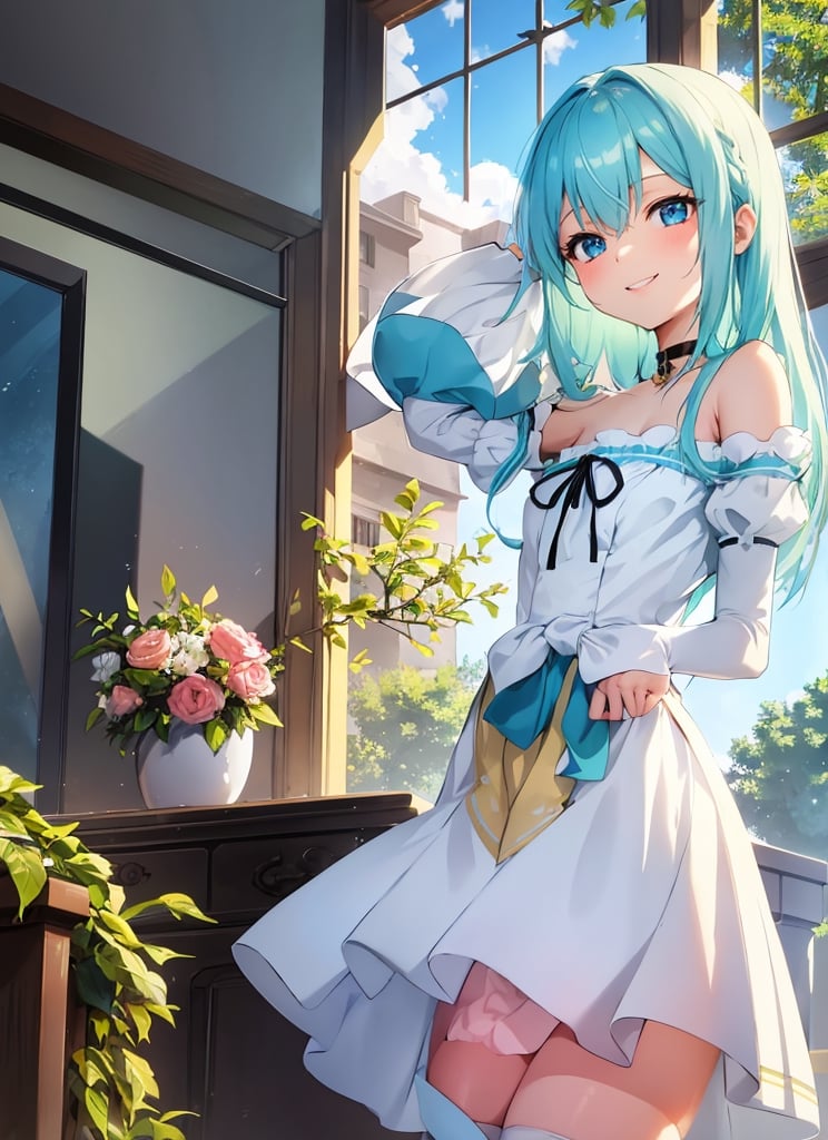 Masterpiece, best quality, 1 girl, gentle smile, light on body, white and blue dress, short skirt, white stockings, anime style fantasy, black and gold choker, red ribbon, light green hair, long hair, blue eyes, fair skin, fantasy, palace, big window behind, standing by window, hands together in front of body, light makes clothes transparent, green outside, blue sky, high definition, artistic angle, backlight, sexy,best quality