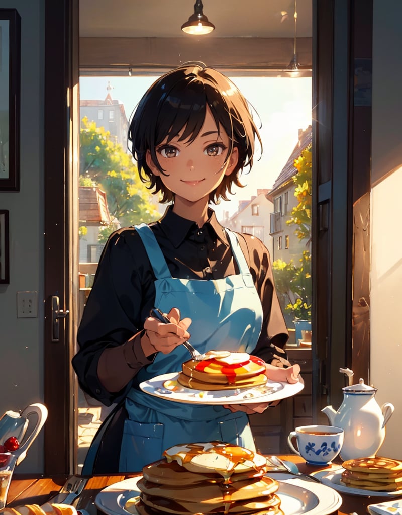 (masterpiece, top quality), high definition, artistic composition, 1 woman, offering plate with pancakes on it, close-up of pancakes, smug face, short hair, boyish, tanned skin, smiling, dining, cute apron, portrait, bold composition, from below