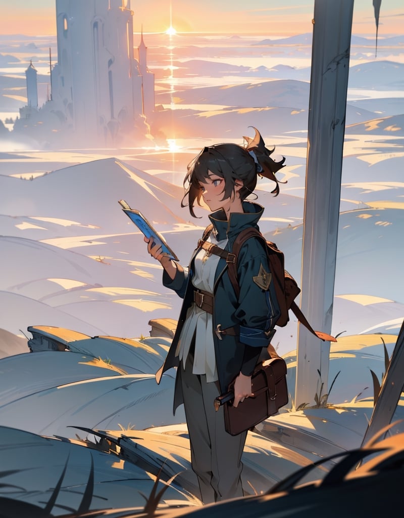 Masterpiece, top quality, high definition, artistic composition, animation, one woman, starting a journey, map in hand, majestic nature, beautiful sunrise, morning mist, brave, motivated, bold composition, traveling outfit