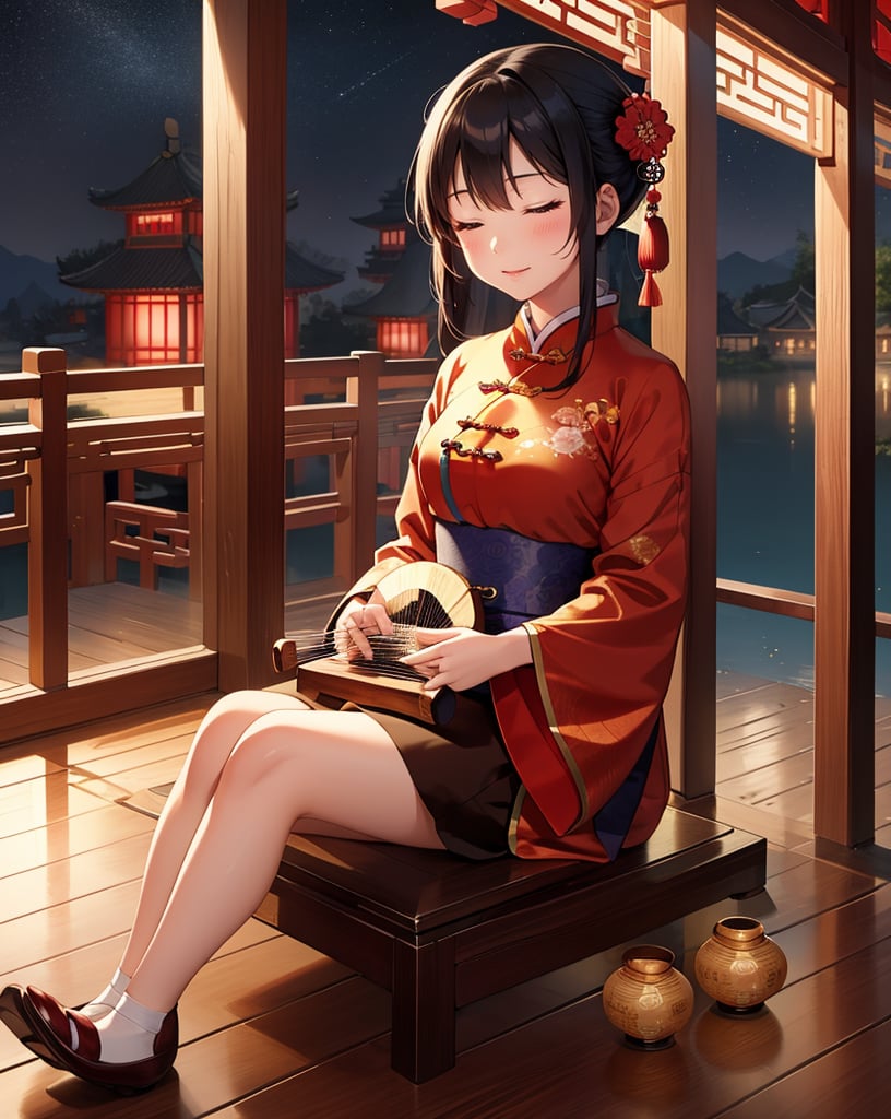 (masterpiece, top quality), high definition, artistic composition, 1 girl, Chinese traditional clothes, (playing Chinese folk instrument), eyes closed, calm face, relaxed, Chinese wooden architecture, sitting by window, night, full moon reflected on water, wooden floor